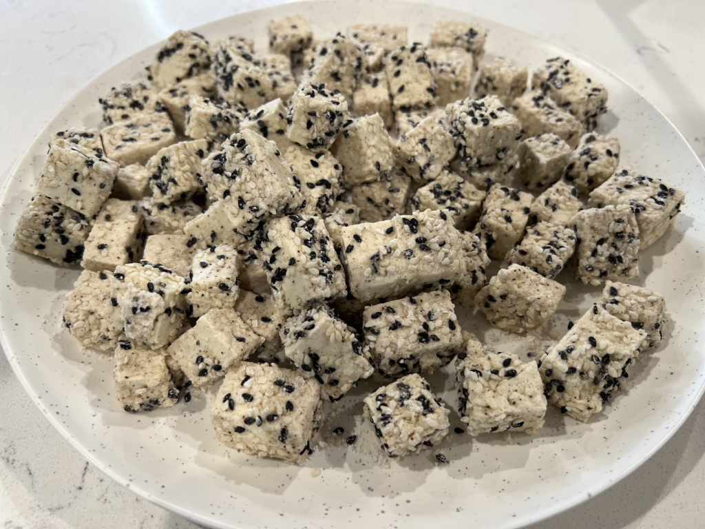 Coated sesame crusted tofu.