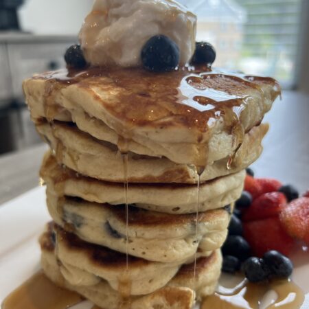 Blueberry Lemon Ricotta Pancakes with Fruit and Syrup